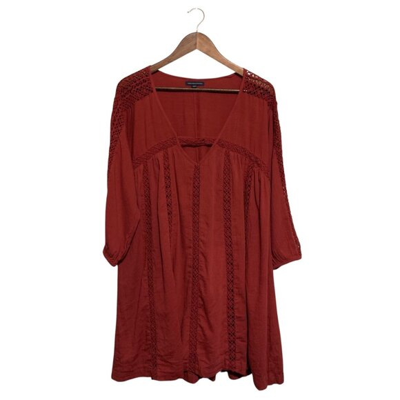 Women's  Crochet Tunic Sz M Top Dress V-Neck 3/4 Sleeve Flowy Boho Peasant - Picture 1 of 12